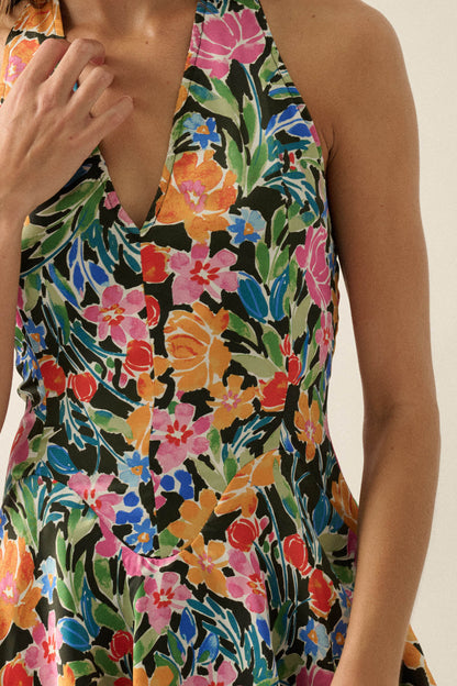 Vibrant Blooms Floral Satin V-Neck Halter Romper