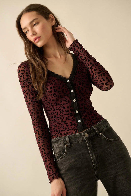 Wild Child Leopard Mesh Button-Front V-Neck Top