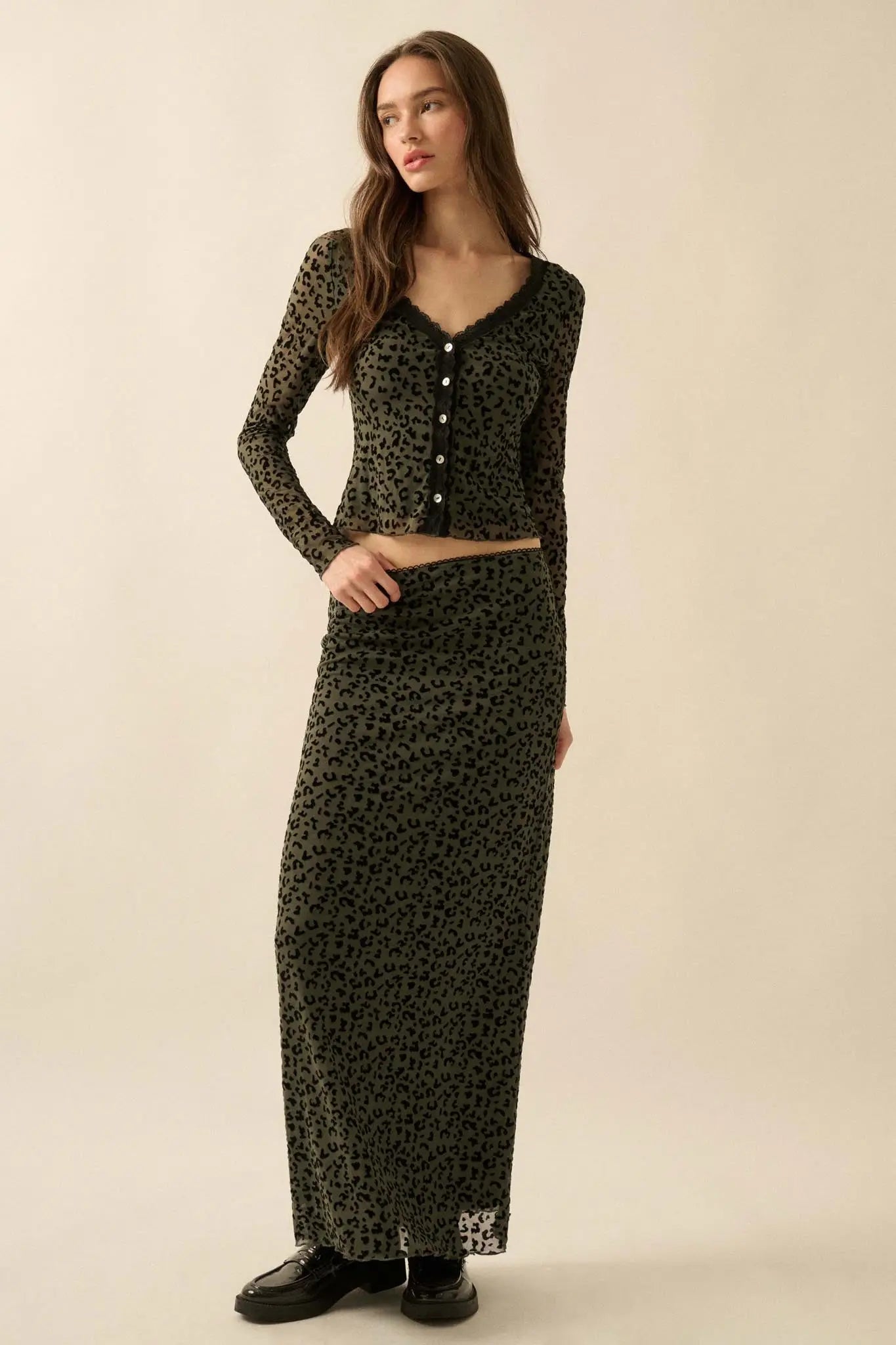 Wild Child Leopard Mesh Button-Front V-Neck Top