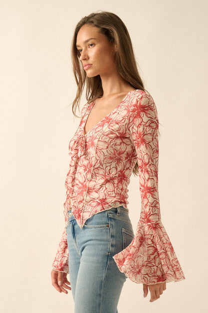 Wild Lilies Floral Mesh Tie-Front Bell-Sleeve Top