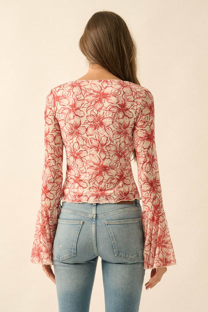 Wild Lilies Floral Mesh Tie-Front Bell-Sleeve Top