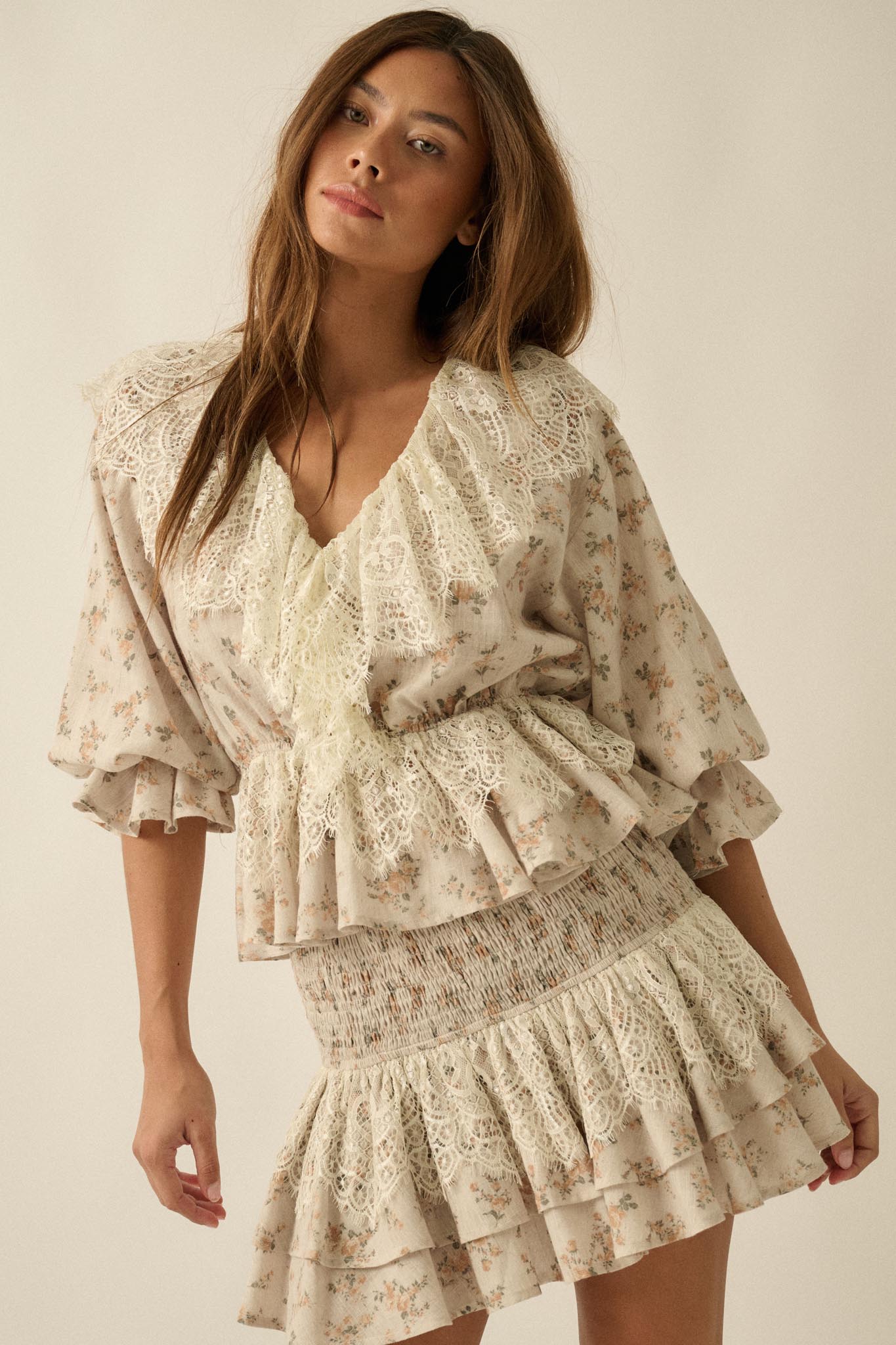 True Beauty Floral Puff-Sleeve Ruffle Peplum Top