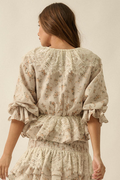 True Beauty Floral Puff-Sleeve Ruffle Peplum Top