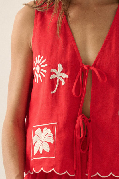 Sunny Sands Tropical-Embroidered Tie-Front Vest