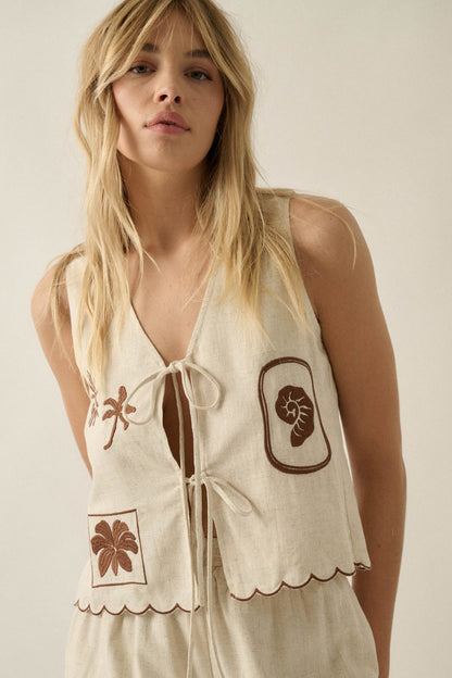 Sunny Sands Tropical-Embroidered Tie-Front Vest