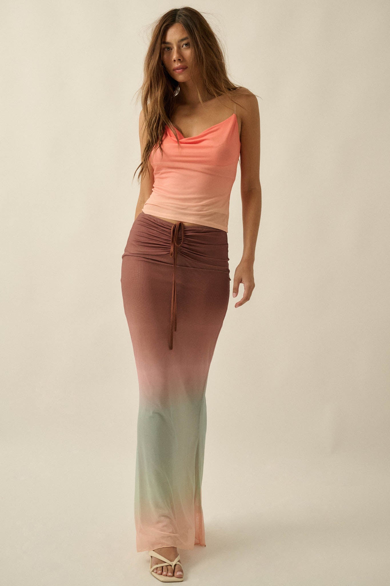 Sunset Glow Ombre Mesh Cowl-Neck Cami Top
