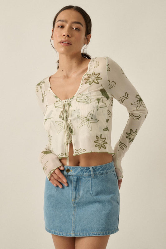 Wait and Sea Nautical Mesh Mock-Neck Thumbhole Top
