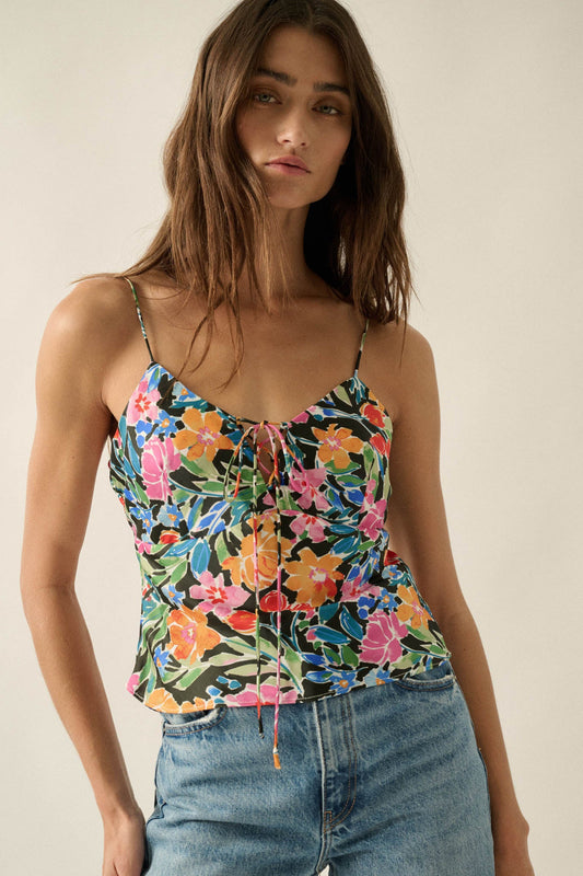 Vivid Blossoms Floral Satin Lace-Up Cami Top