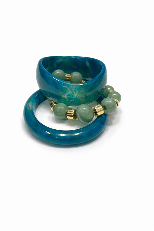Tahoe Marble Resin Bangle and Beaded Bracelet Set