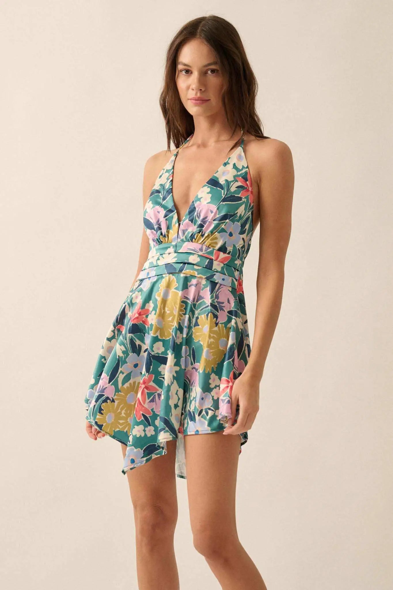 Teal Tease Floral Satin Handkerchief Mini Dress