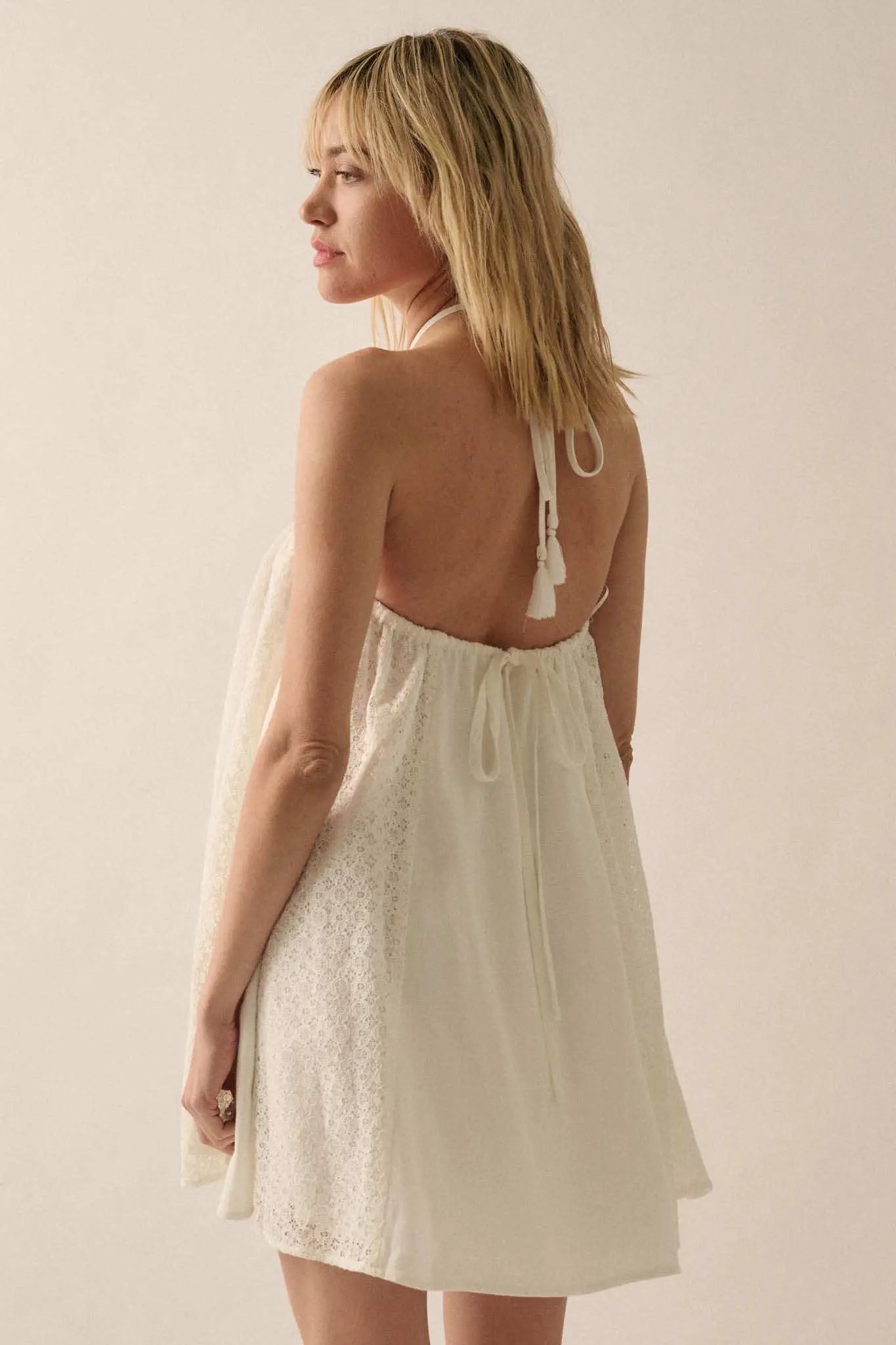 Starting Fresh Lace-Panel Mini Halter Swing Dress