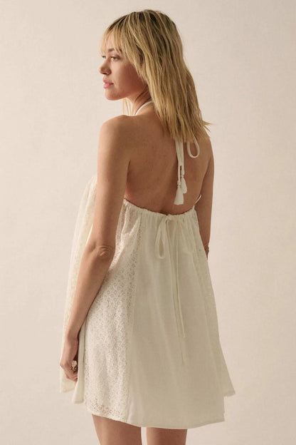 Starting Fresh Lace-Panel Mini Halter Swing Dress