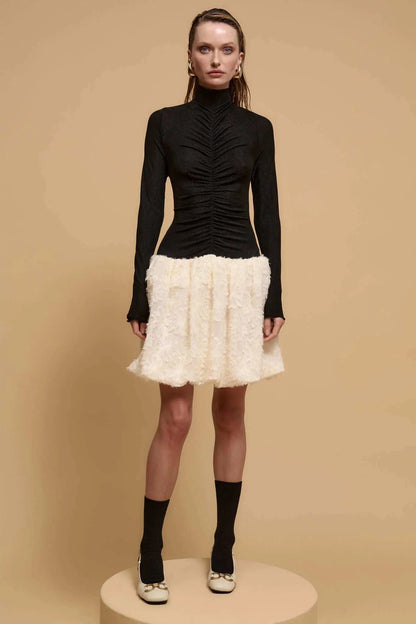 Winter Skies Ruched Mock-Neck Bubble Mini Dress