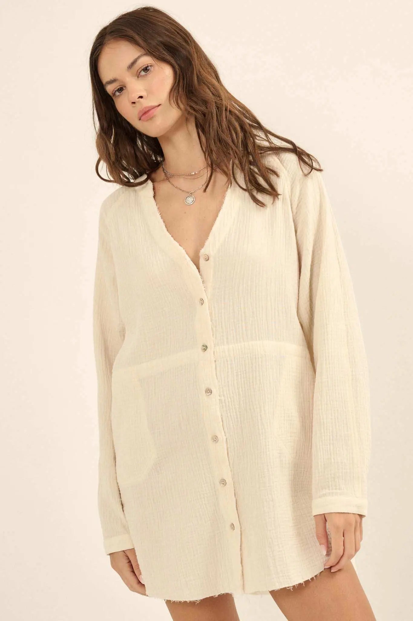 Sunday Vibes Crinkle Cotton Mini Shirt Dress