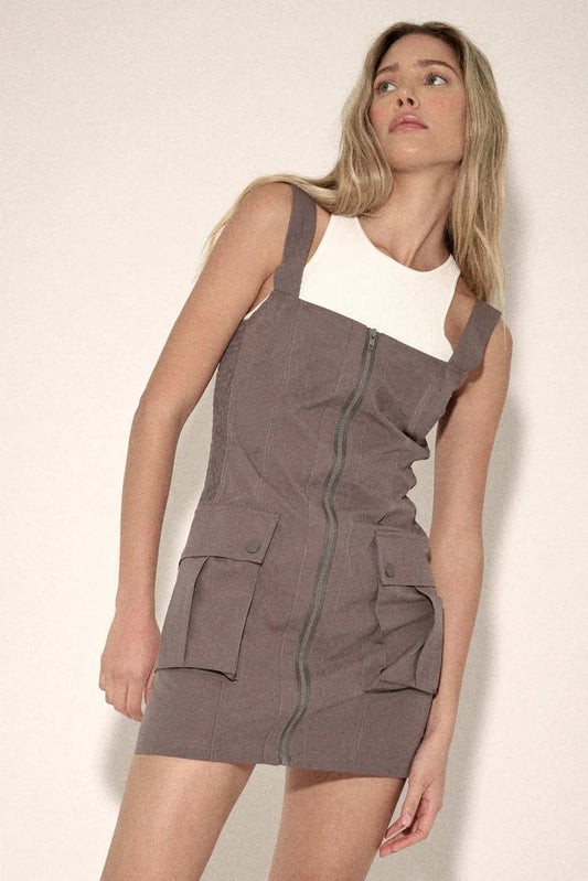 Work to Do Zip-Up Cargo Overall Mini Dress