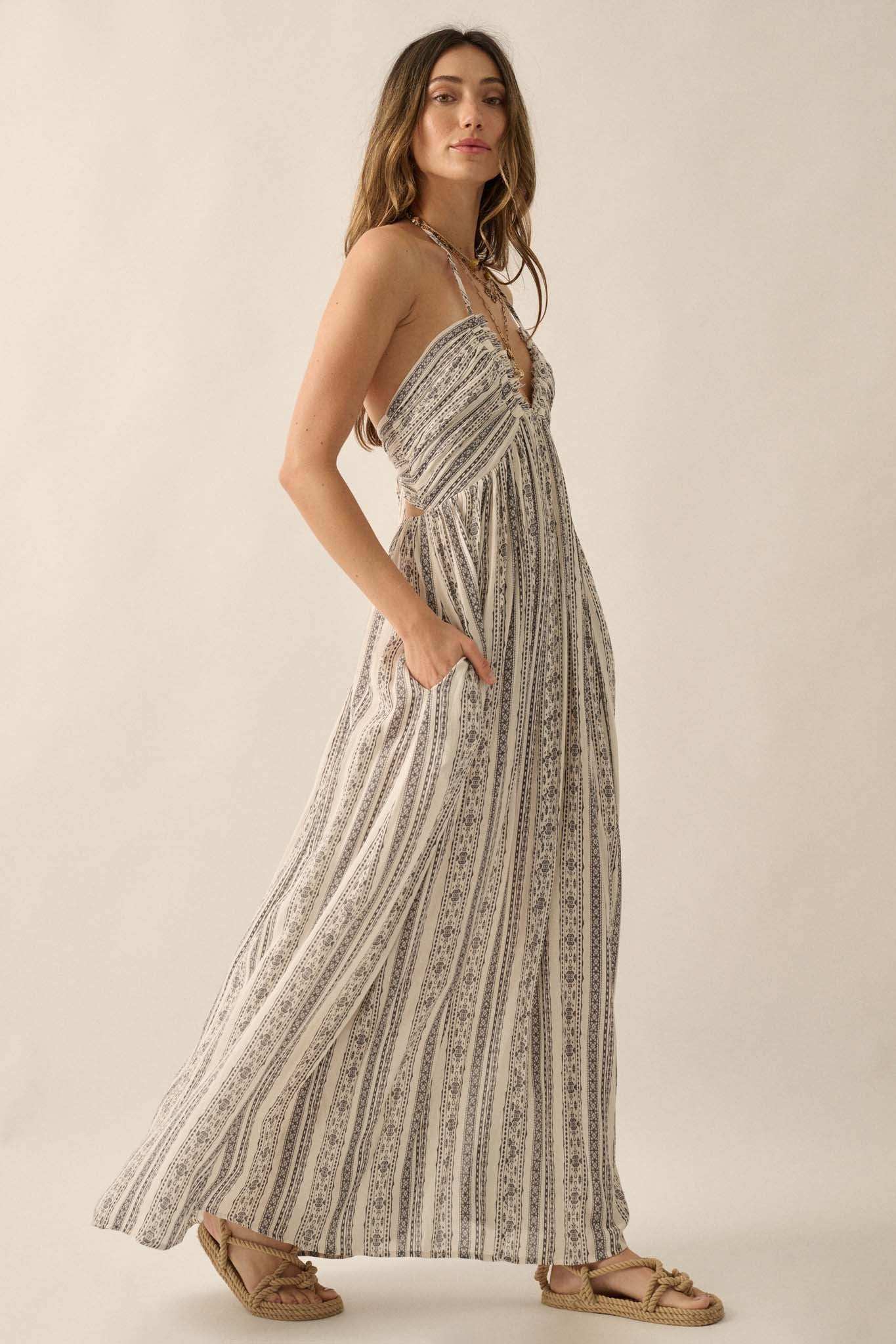 Well Traveled Geo-Print Striped Halter Maxi Dress