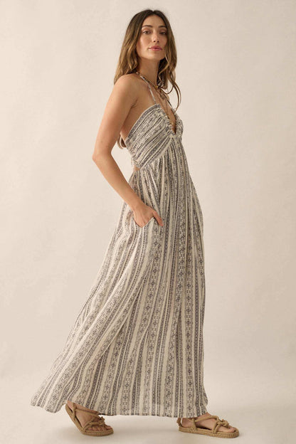 Well Traveled Geo-Print Striped Halter Maxi Dress