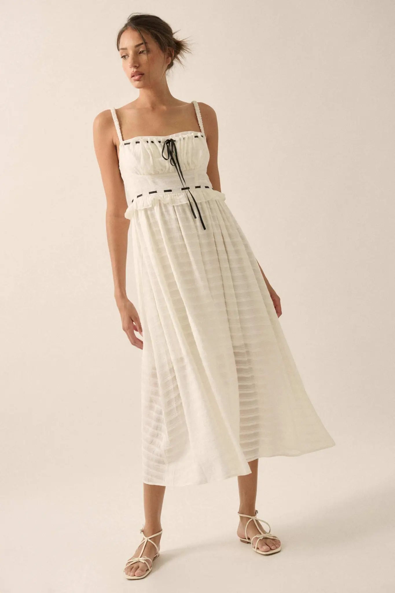 Sweet Prelude Striped Ribbon-Trim Midi Dress