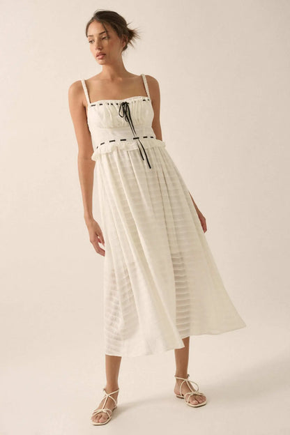 Sweet Prelude Striped Ribbon-Trim Midi Dress