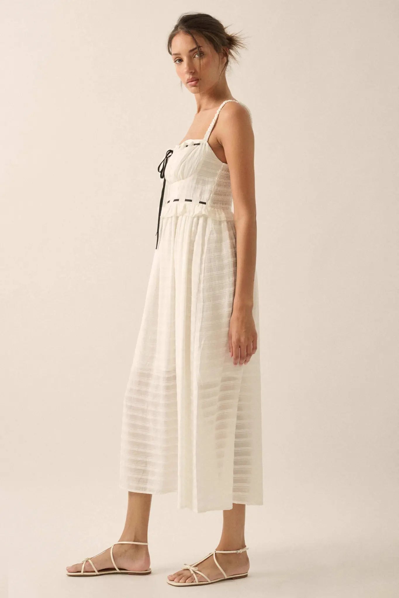 Sweet Prelude Striped Ribbon-Trim Midi Dress