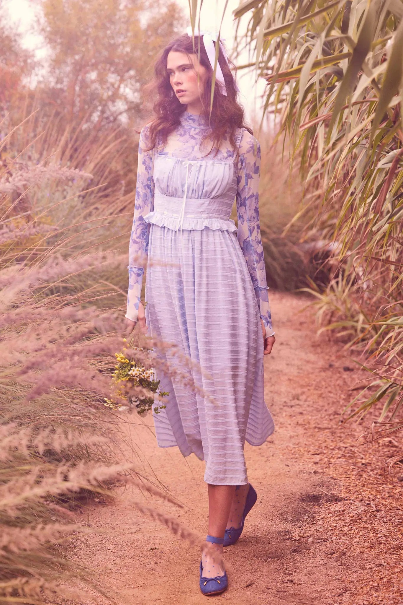 Sweet Prelude Striped Ribbon-Trim Midi Dress