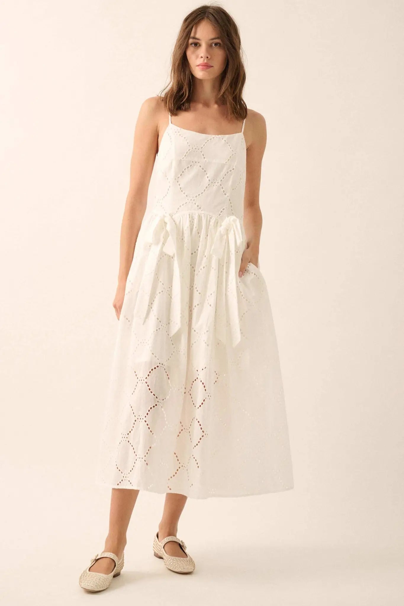 Sunday Girl Eyelet Lace Bow-Detail Midi Dress