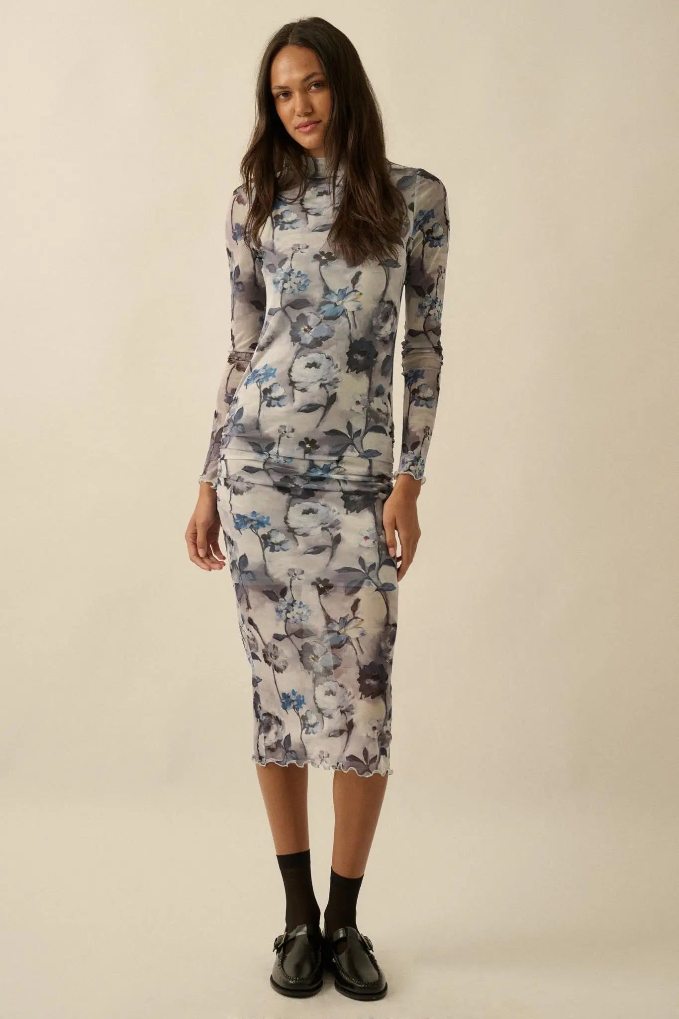 Watercolor Garden Floral Mesh Mock-Neck Midi Dress