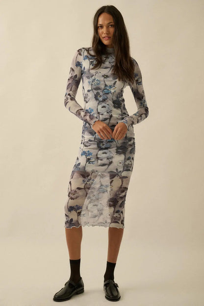 Watercolor Garden Floral Mesh Mock-Neck Midi Dress