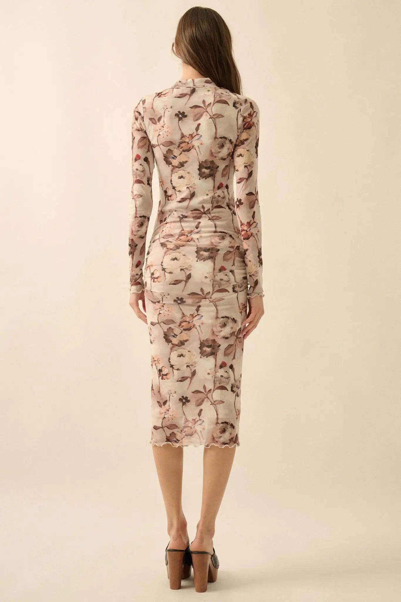 Watercolor Garden Floral Mesh Mock-Neck Midi Dress