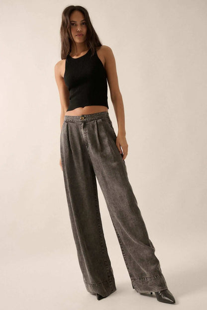 Walk It Off Acid-Wash Denim Pleated Wide-Leg Pants
