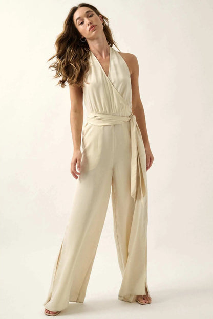 Style Icon Satin Belted Wide-Leg Halter Jumpsuit