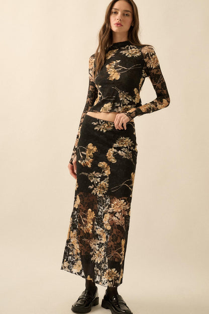 Wistful Blossoms Printed Floral Lace Maxi Skirt