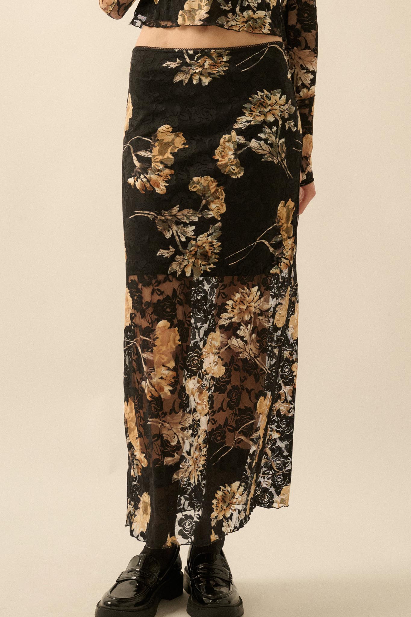 Wistful Blossoms Printed Floral Lace Maxi Skirt