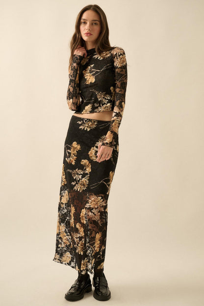 Wistful Blossoms Printed Floral Lace Maxi Skirt