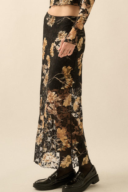 Wistful Blossoms Printed Floral Lace Maxi Skirt