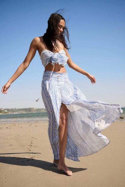 Wildflower Field Floral-Stripe Buttoned Maxi Skirt