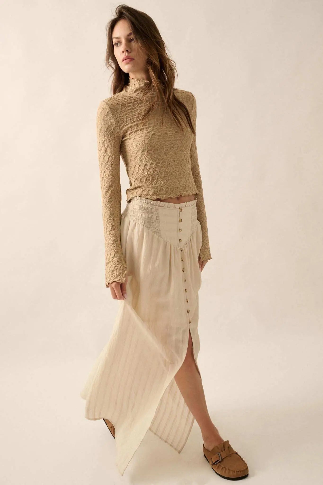Starting Now Tonal-Stripe Button-Front Maxi Skirt