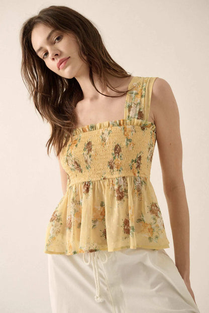 Sunlit Blooms Smocked Floral Chiffon Babydoll Top