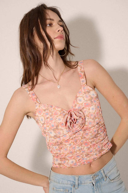 Whispering Rose Ruched Floral-Chiffon Cami Top