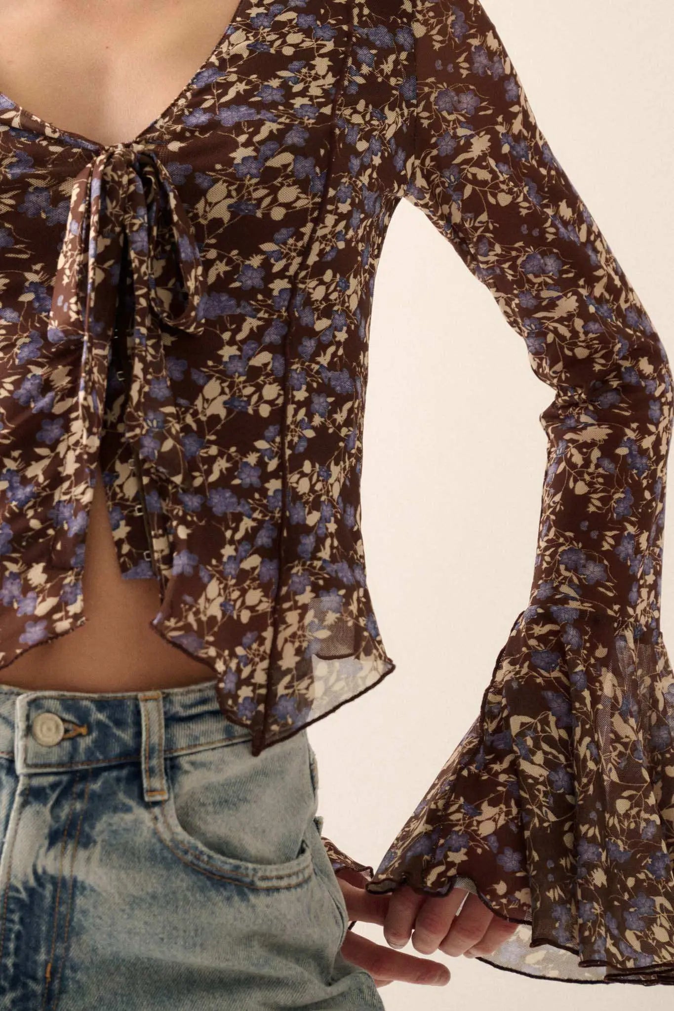 Sweet Violets Floral-Print Mesh Bell-Sleeve Top