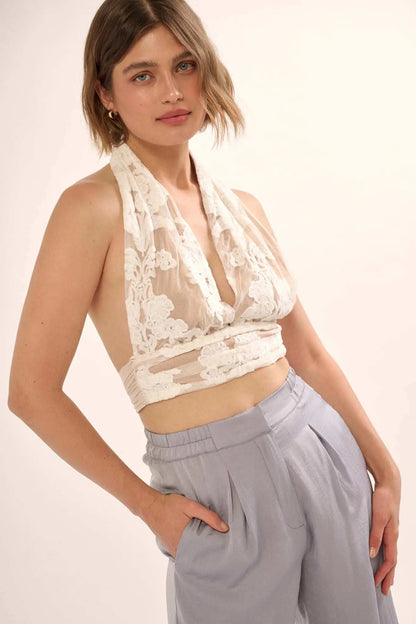 Sweet Sonata Embroidered Lace Cropped Halter Top