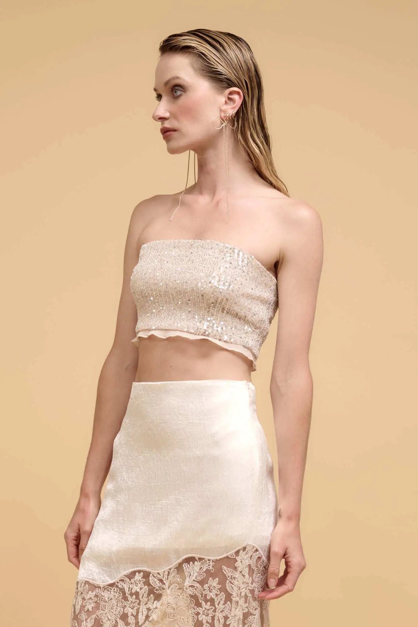 Up All Night Ruffle-Trim Sequin Tube Top