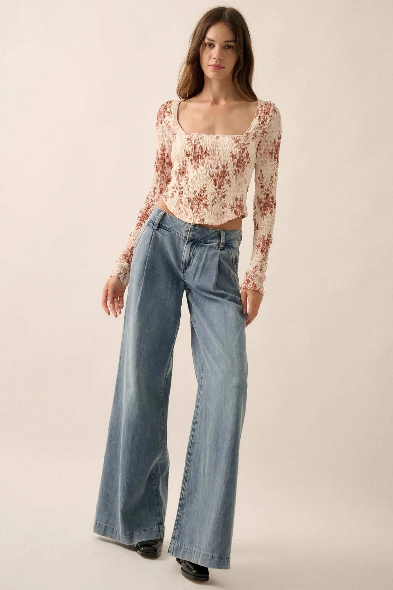 Wildflower Heart Smocked Floral-Print Corset Top