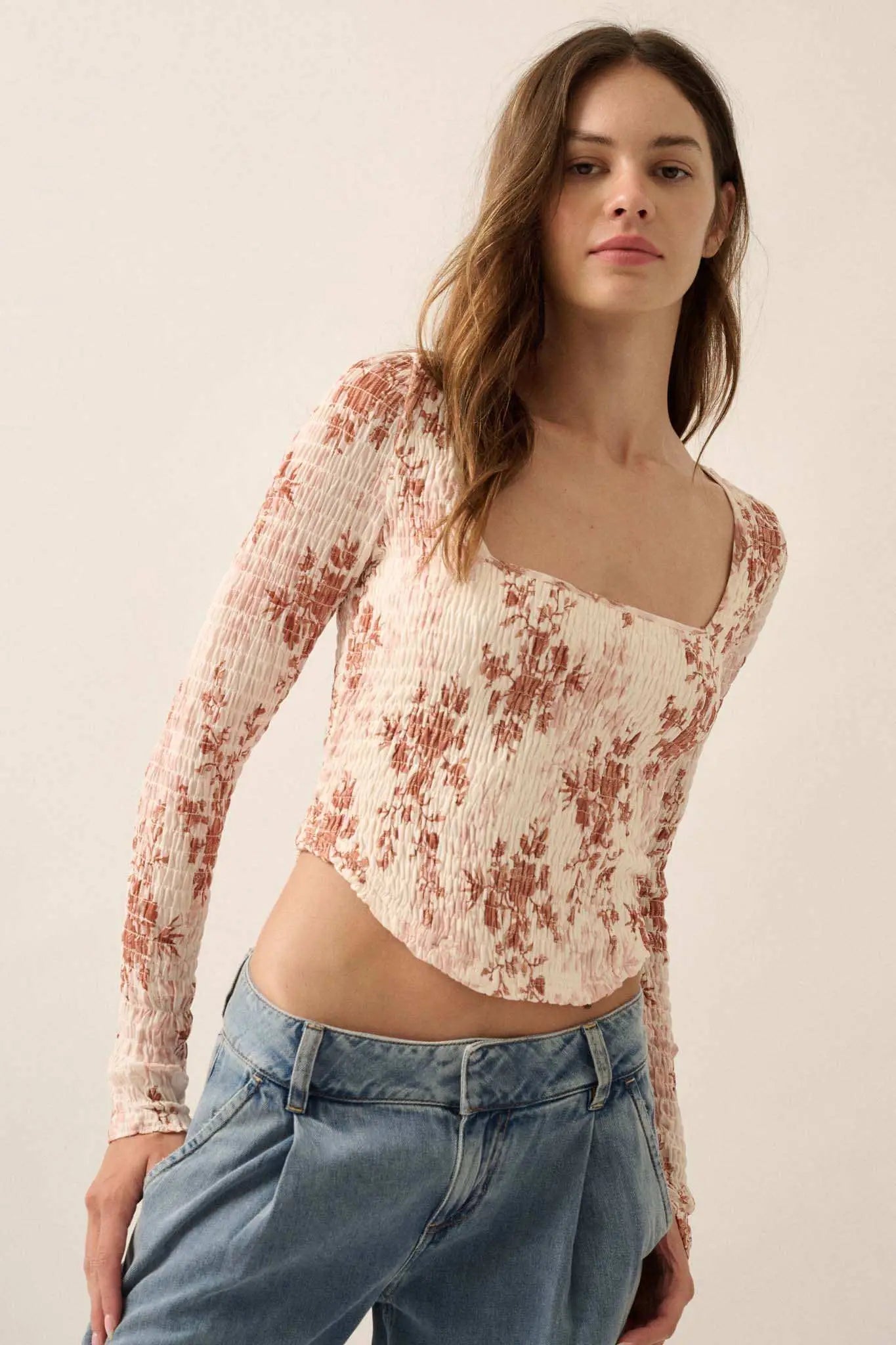 Wildflower Heart Smocked Floral-Print Corset Top