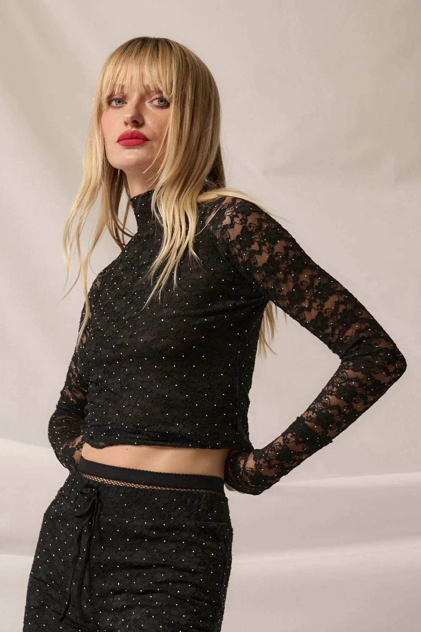 Starry Eyed Studded Floral Lace Mock-Neck Top