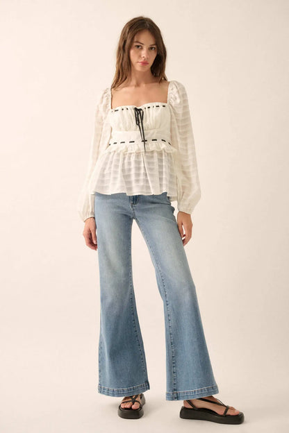 Sweet Infatuation Striped Ribbon-Trim Peasant Top