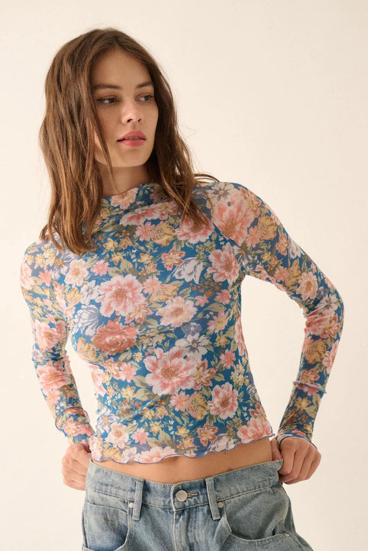 Wild Blooms Floral Mesh Mock-Neck Thumbhole Top