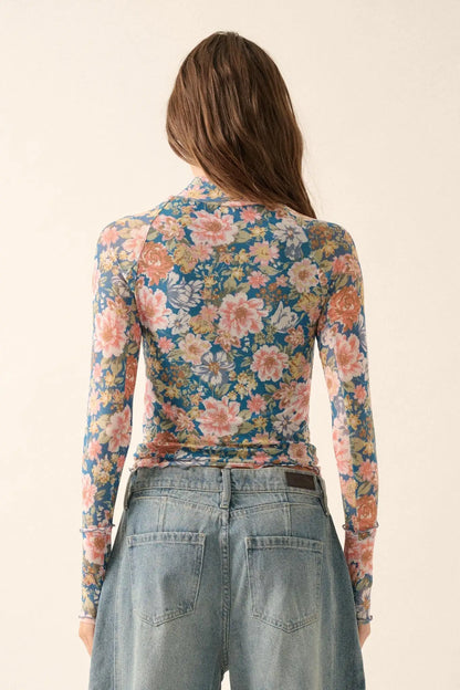 Wild Blooms Floral Mesh Mock-Neck Thumbhole Top