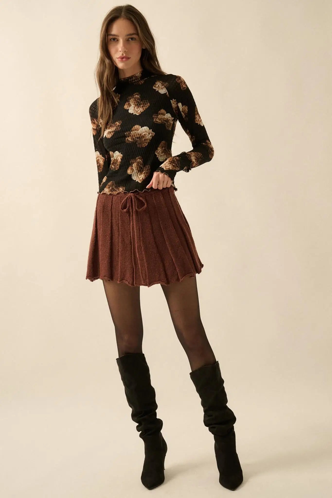 Sweet Scent Floral Honeycomb Mesh Thumbhole Top