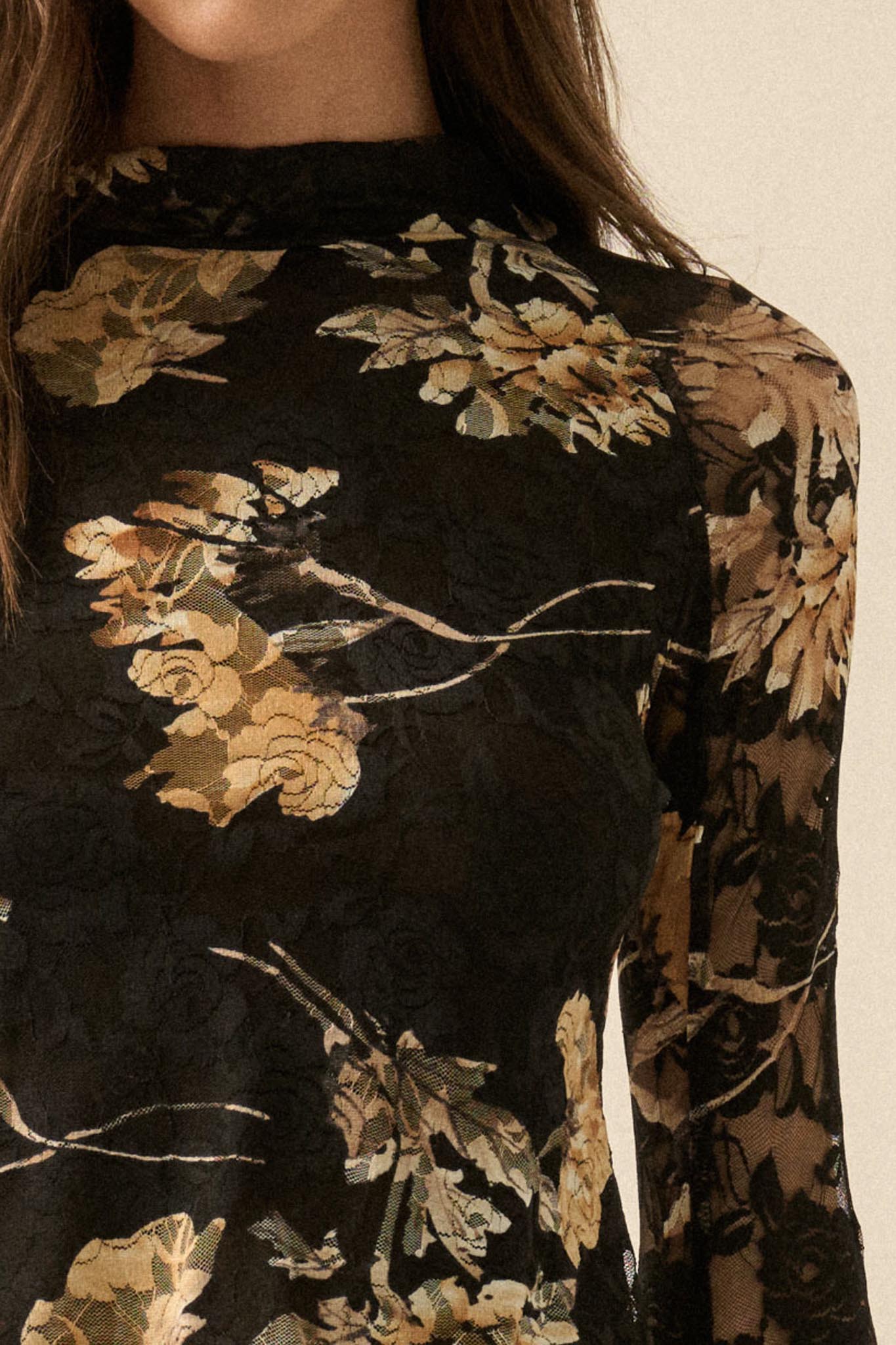 Timeless Blooms Printed Floral Lace Mock-Neck Top